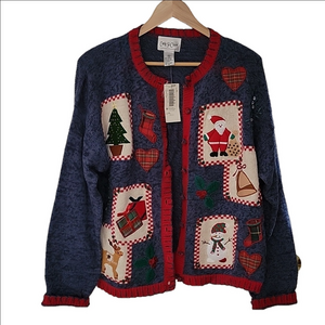 Carly St.Claire Christmas Applique Beaded Cardigan Sweater Cotton Ramie Blue XL